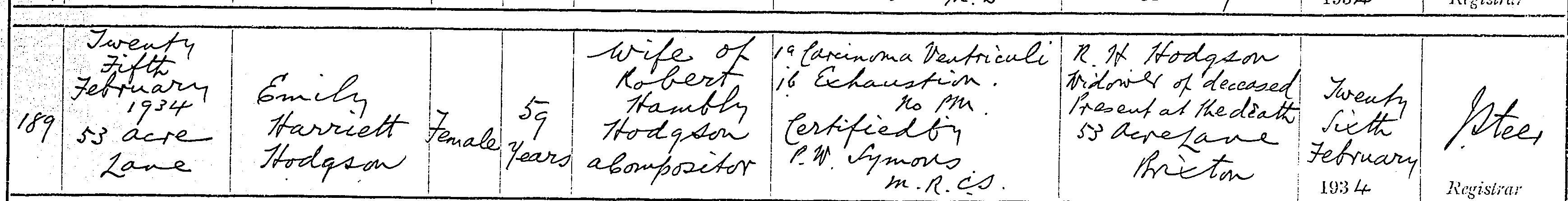 Civil Death Record Emily Harriet Hodgson née Potter 1934